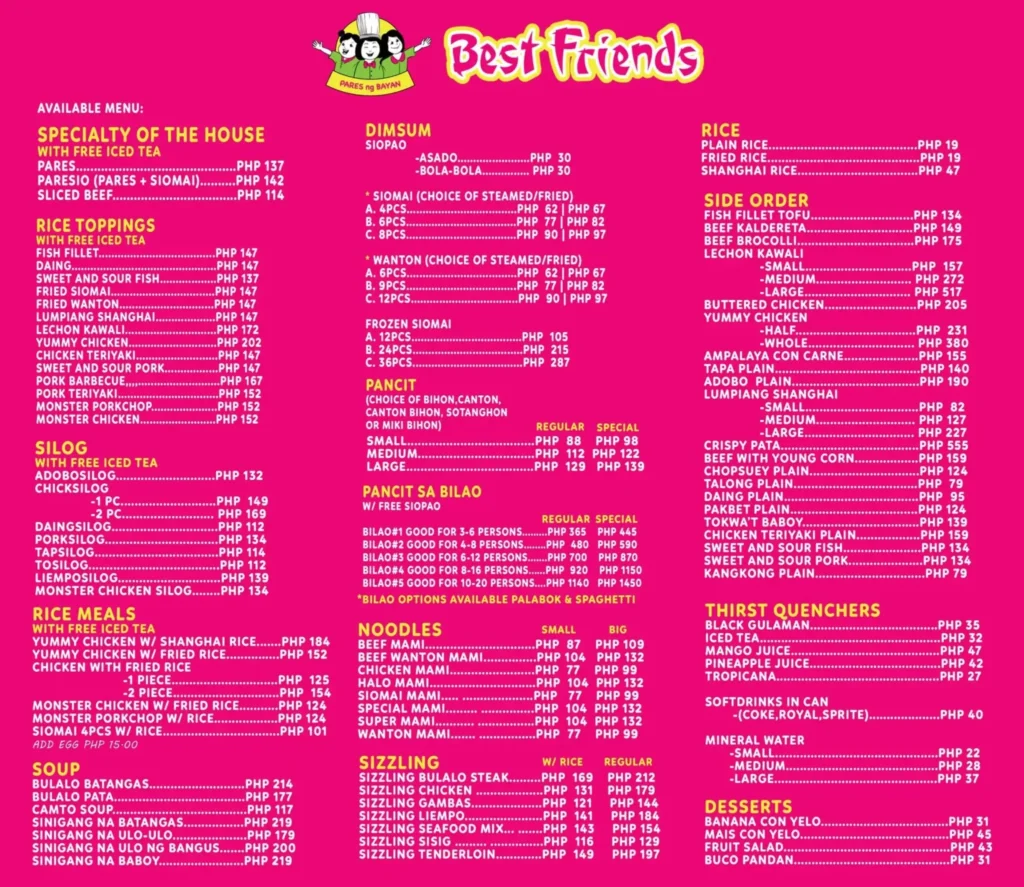 BEST FRIENDS SPECIALTY MENU WITH PRICES
BEST FRIENDS RICE TOPPINGS PRICES
BEST FRIENDS SILOG MENU PRICES