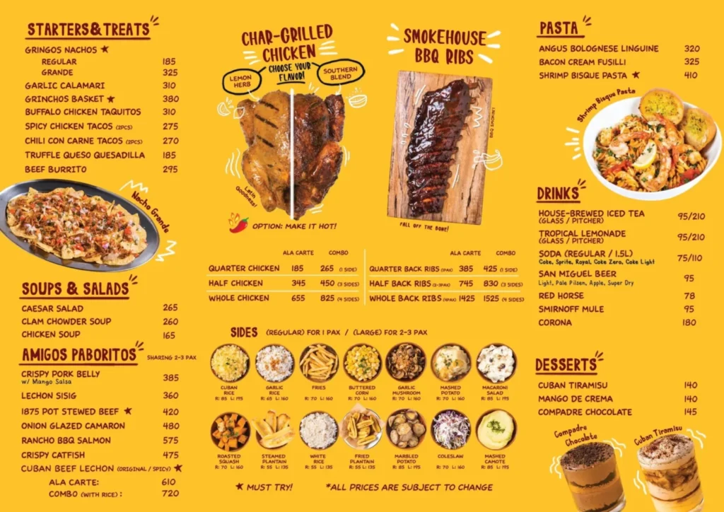 GRINGO STARTERS & TREATS MENU WITH PRICES