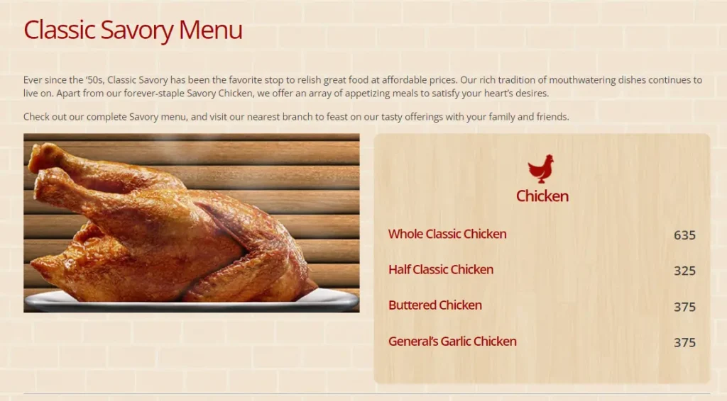 CLASSIC SAVORY CHICKEN MENU WITH PRICES