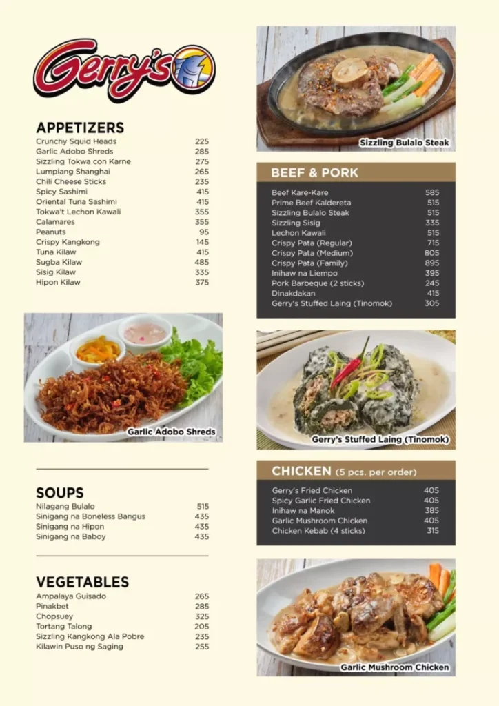 GERRY’S RESTAURANT AND BAR APPETIZER MENU WITH PRICES
GERRY’S RESTAURANT AND BAR SOUPS PRICES
