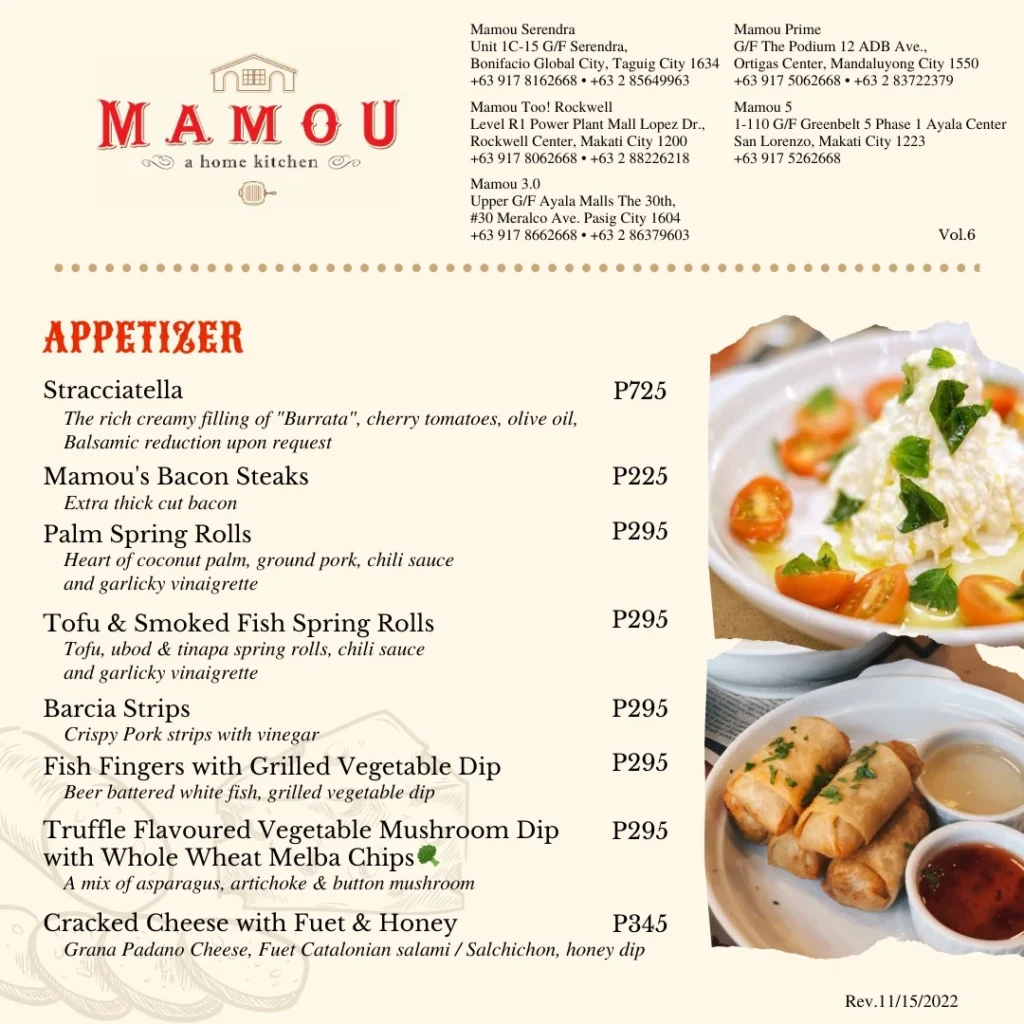 MAMOU APPETIZERS MENU WITH PRICES