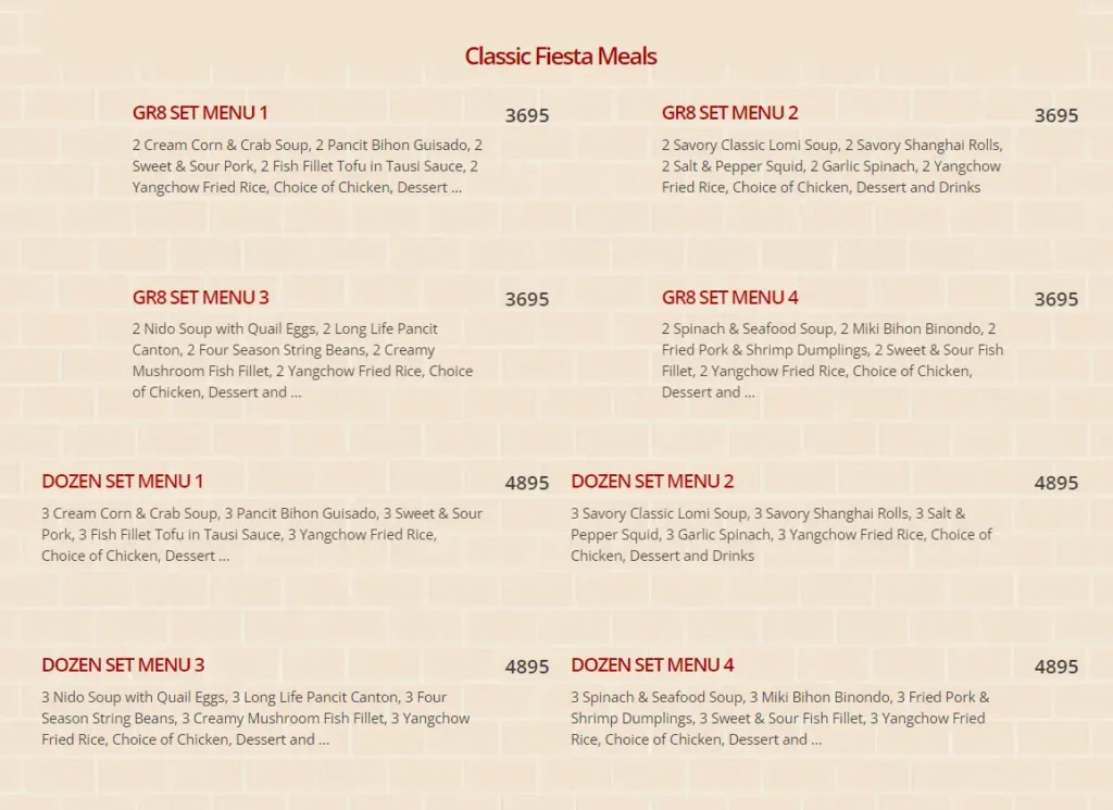 SAVORY CLASSIC FIESTA MEALS PRICES
