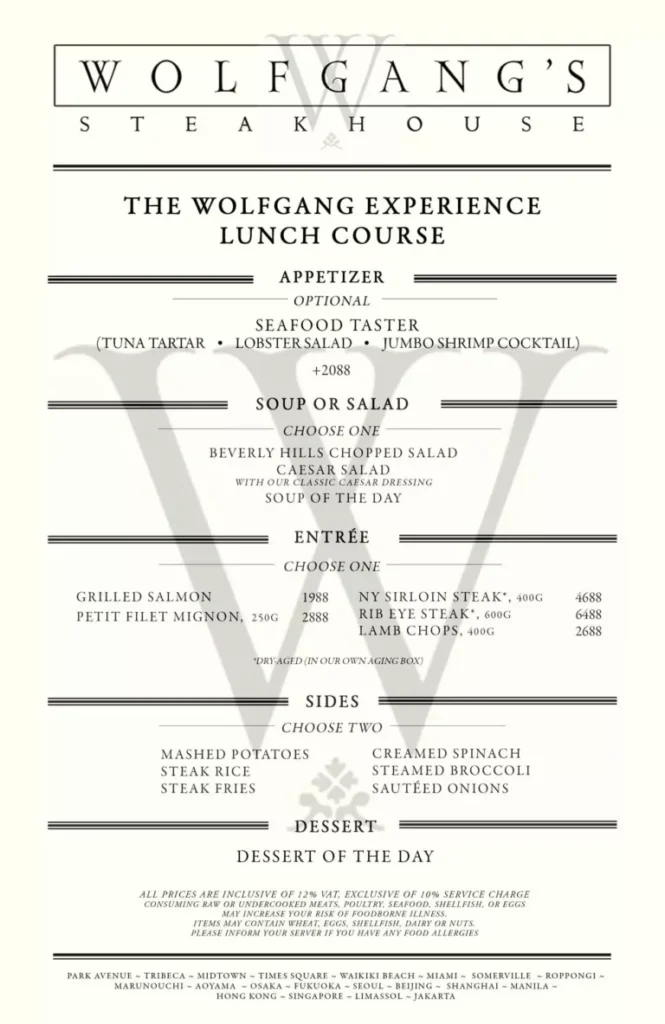 WOLFGANG STEAKHOUSE BAR AND AL FRESCO SPECIALS MENU PRICES
WOLFGANG STEAKHOUSE NEWPORT WORLD RESORTS ALL-DAY DESSERT PRICES