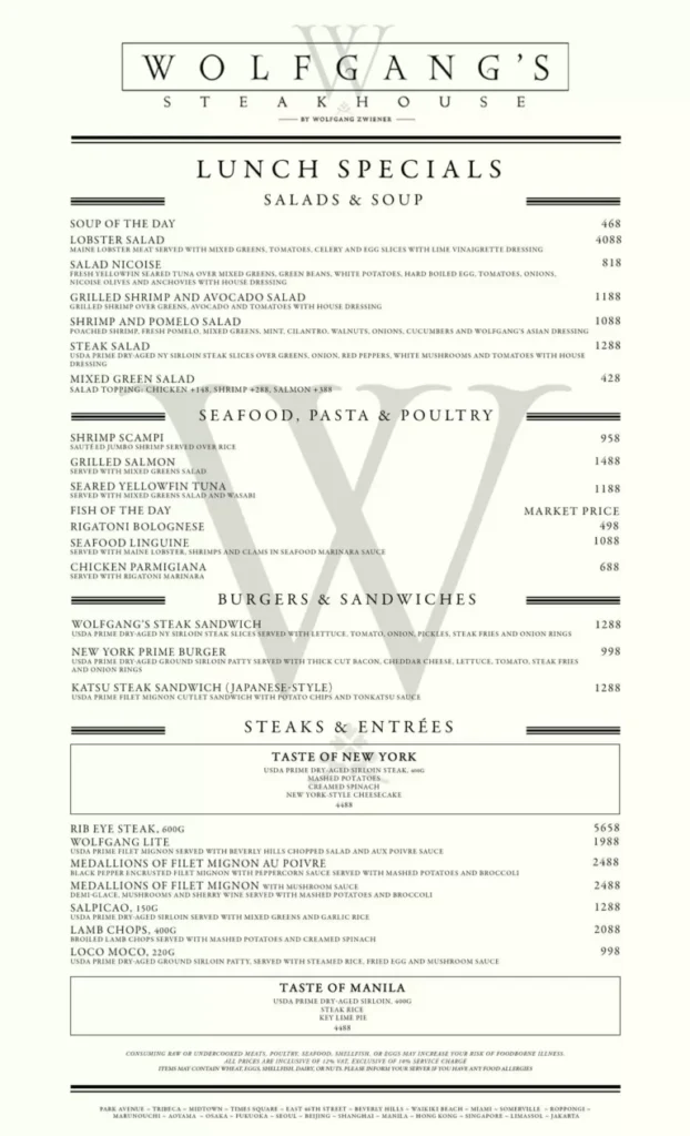 WOLFGANG STEAKHOUSE LUNCH MENU WITH PRICES