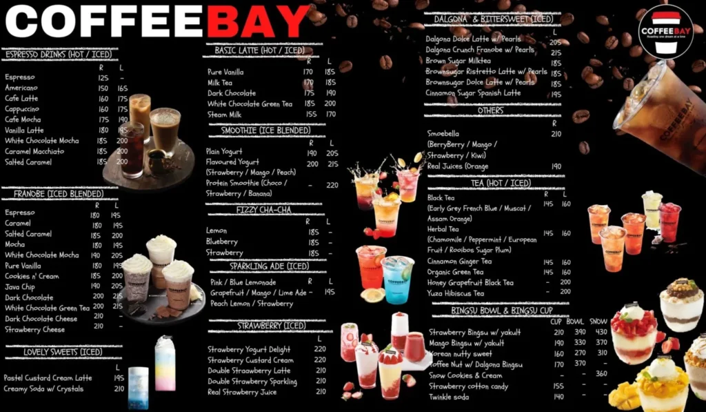 COFFEE BAY ESPRESSO MENU WITH AND COFFEE BAY BASIC LATTE AND COFFEE BAY MENU SPARKLING ADE PRICES