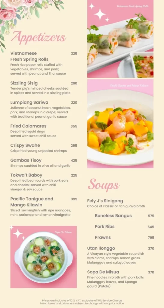FELY J’S APPETISERS MENU WITH AND FELY J’S SOUPS PRICES