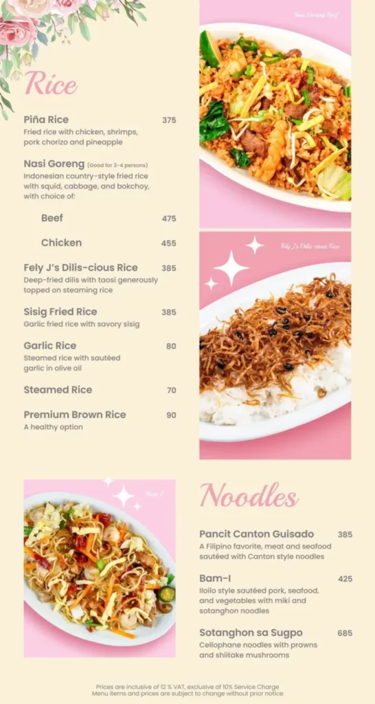 FELY J’S MENU RICE AND FELY J’S NOODLES PRICES