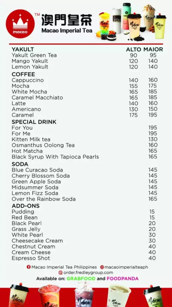 MACAO IMPERIAL COFFEE AND MACAO IMPERIAL SODA MENU PRICES