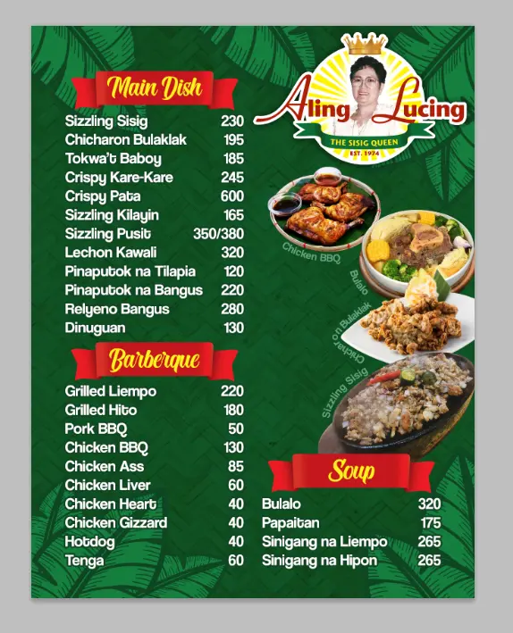ALING LUCING MAINS MENU WITH PRICES