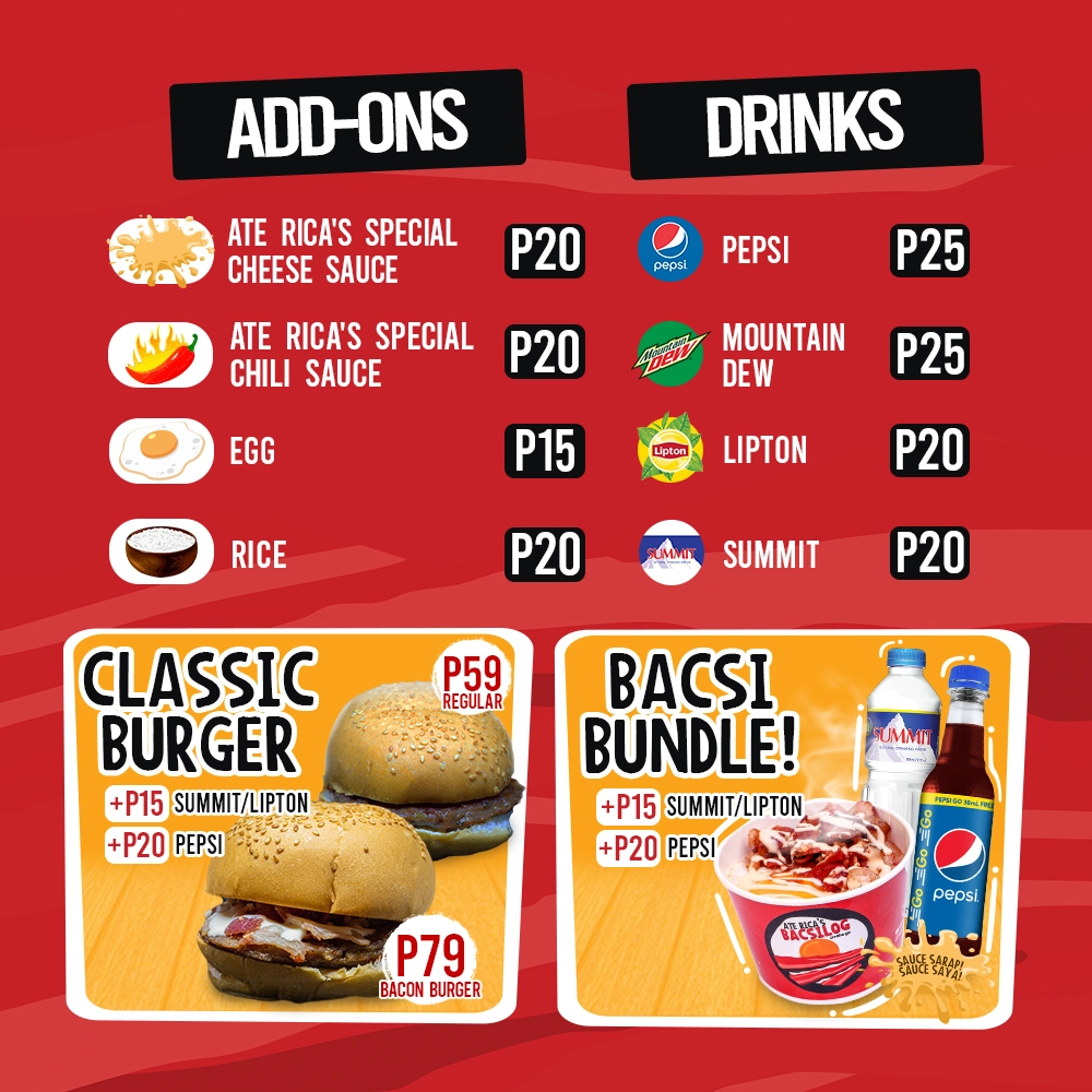 ATE RICA’S BACSILOG ADD-ONS PRICES