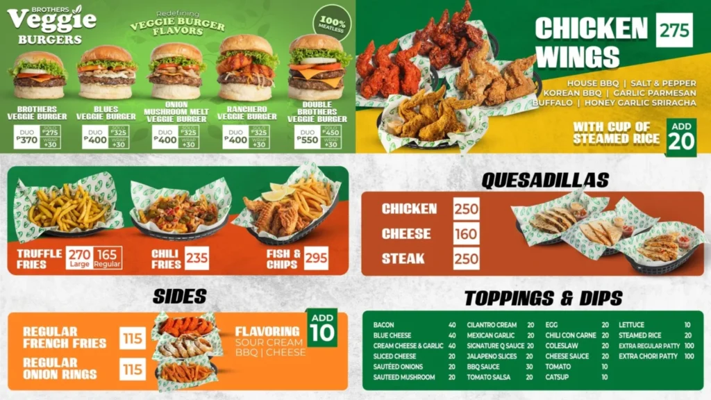 BROTHERS BURGER FRIES MENU PRICES AND BROTHERS BURGER VEGGIE BURGER MENU PRICES