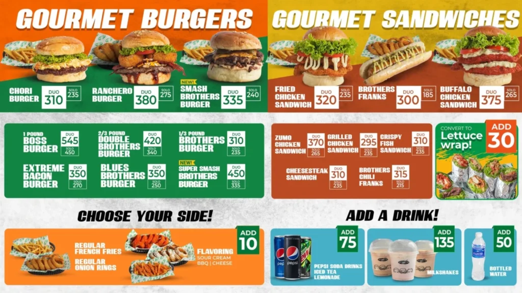 BROTHERS BURGER GOURMET SANDWICHES PRICES & BROTHERS BURGER GOURMET BURGERS MENU WITH PRICES