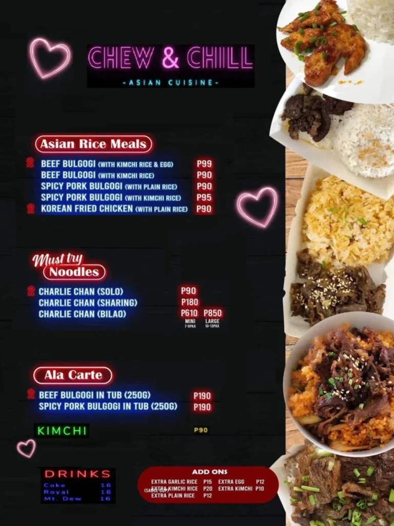 CHEW & CHILL NOODLES PRICES AND CHEW & CHILL ASIAN RICE MEALS MENU WITH MENU PRICES