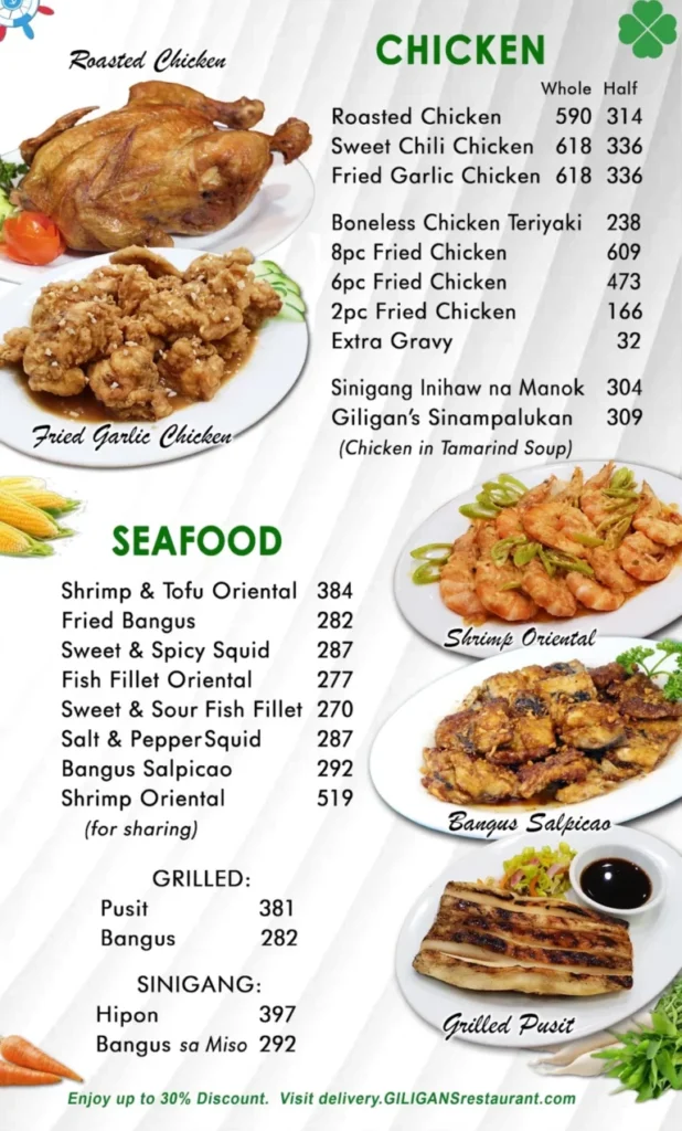GILIGAN’S CHICKEN, BEEF & SEAFOOD MENU WITH PRICES