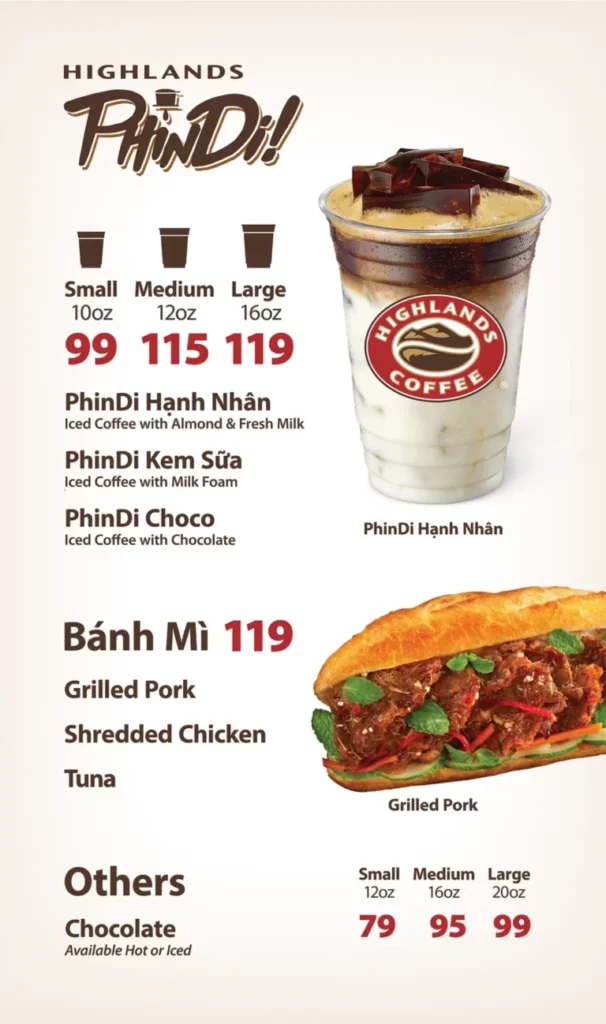 HIGHLANDS COFFEE SANDWICHES MENU WITH PRICES