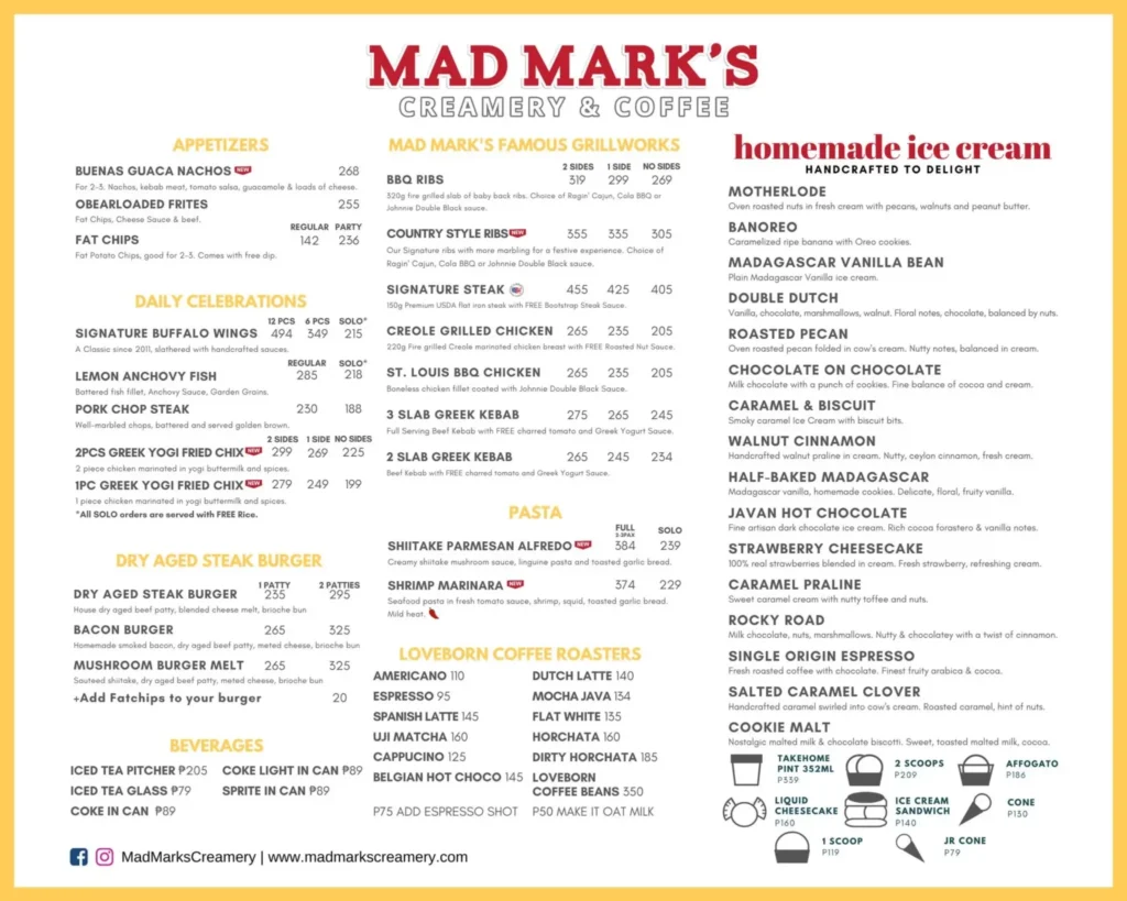 MAD MARK’S DAILY CELEBRATION MENU WITH PRICES