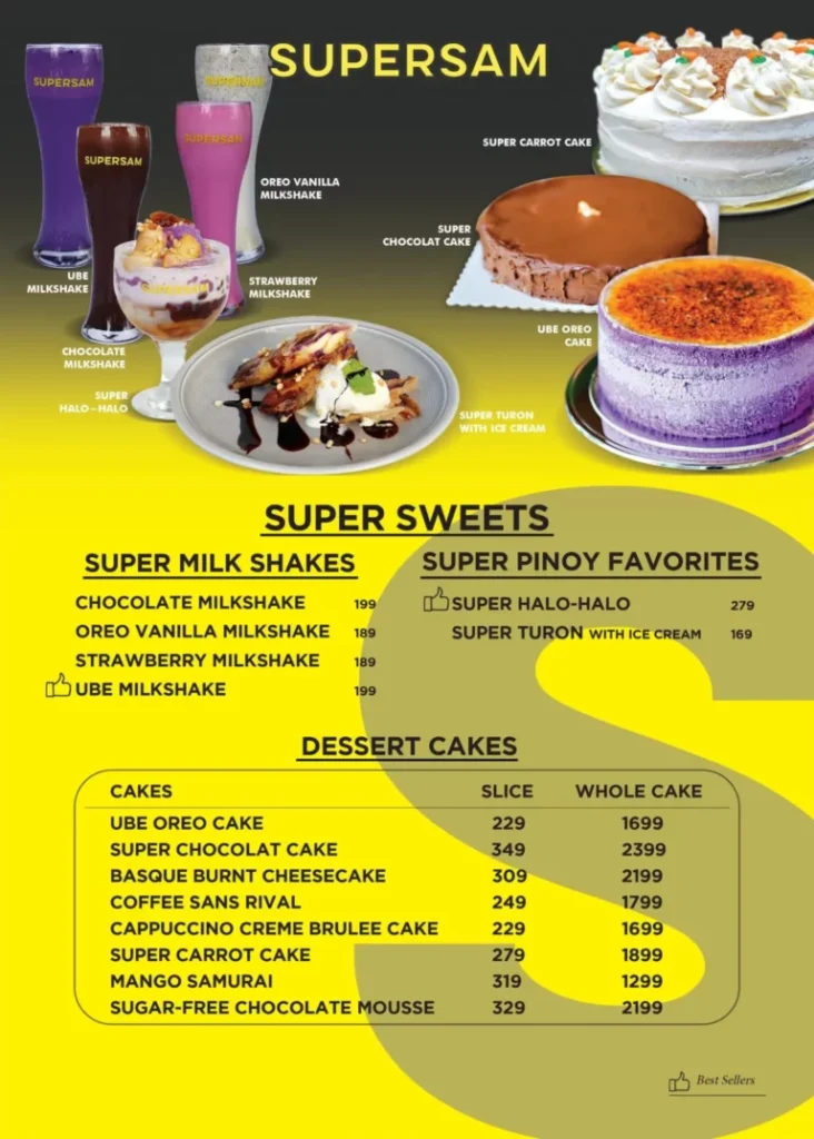 SUPERSAM SUPER SWEETS AND SUPERSAM SUPER SWEETS FAVORITES & SUPERSAM DESSERT CAKES MENU PRICES