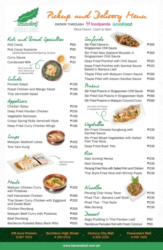 BANANA LEAF ROTI & BREAD SPECIALTIES MENU WITH PRICES BANANA LEAF SALADS PRICES