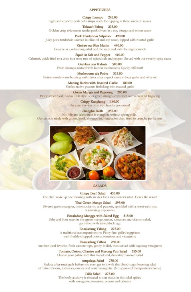 KANIN CLUB APPETIZERS MENU WITH PRICES