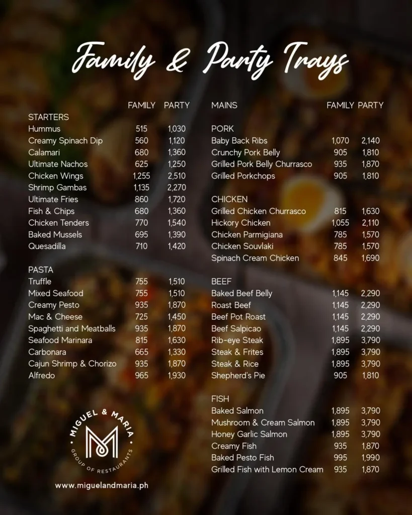 LATEST Miguel & Maria MENU PRICE LIST With Family And Party Trares