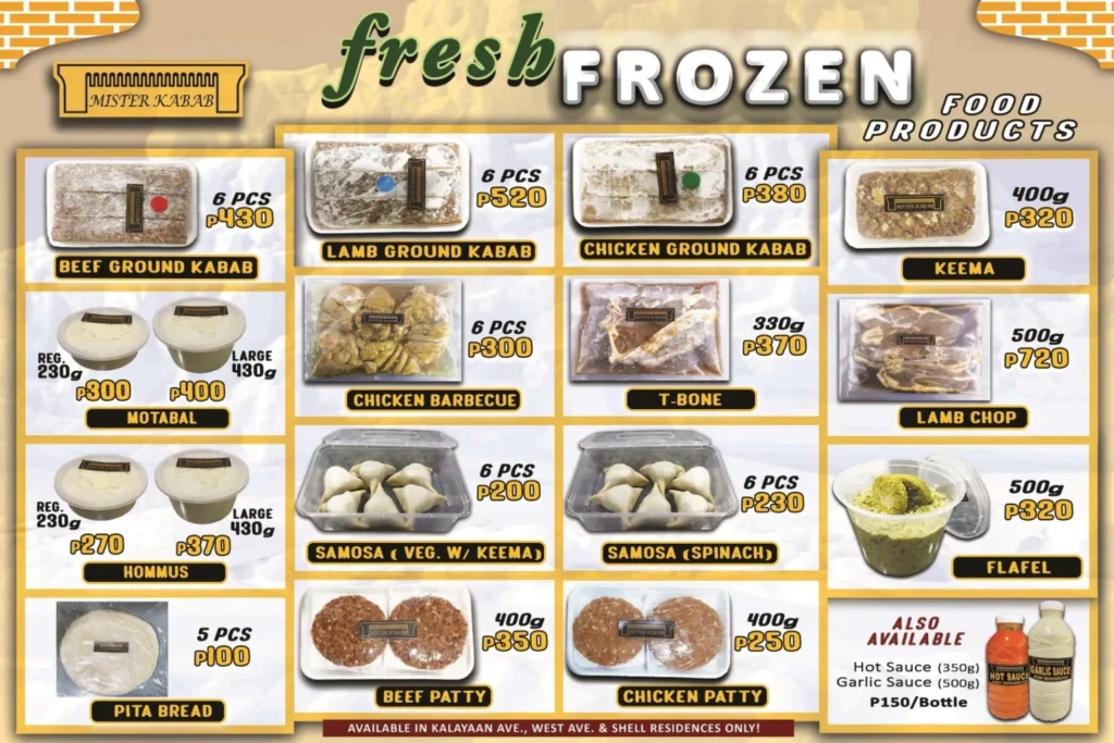 MISTER KABAB FRESH FROZEN MENU WITH PRICES