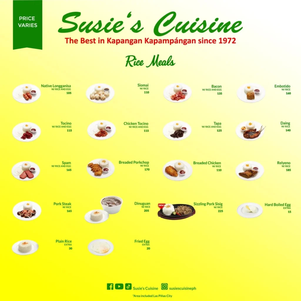 SUSIE’S CUISINE RICE MEALS MENU WITH PRICES